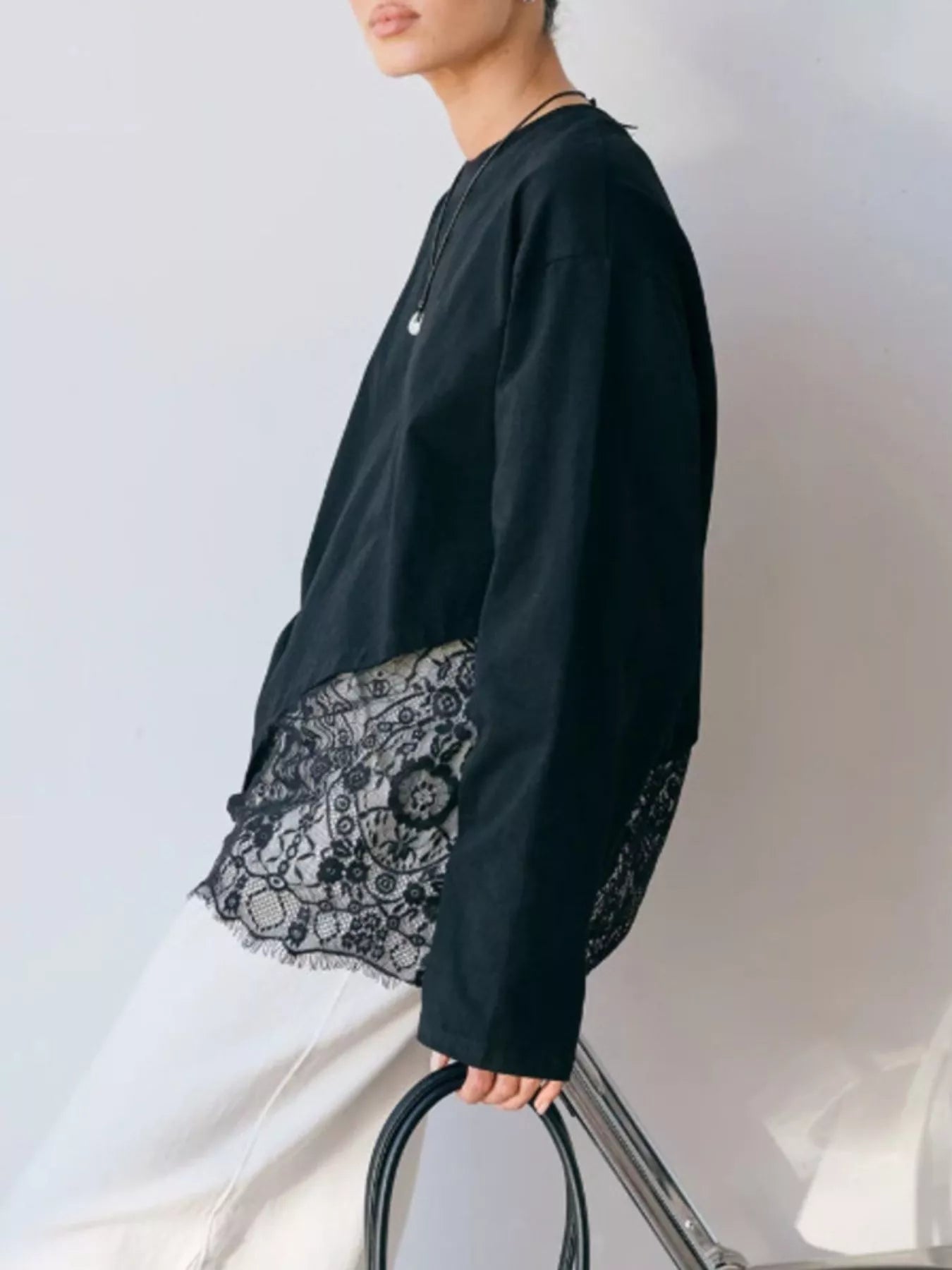 Trendsi Long-Sleeve T-Shirt with Asymmetric Lace Hem -