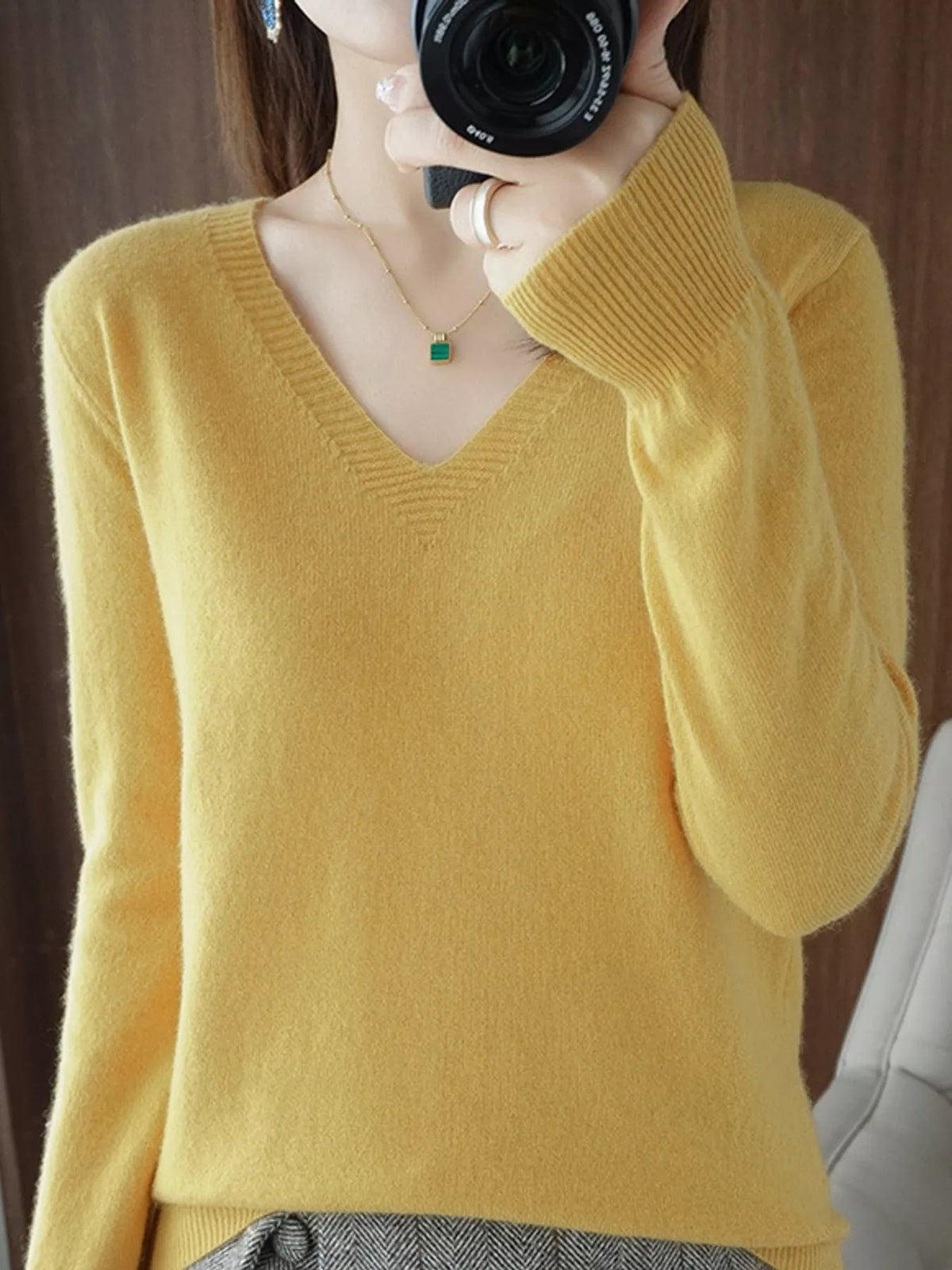 V-Neck Knit Sweater in yellow