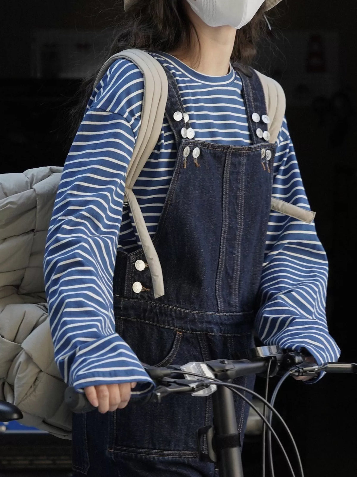 Women's Vintage Dark Wash Wide-Leg Denim Overalls in dark blue — bib detail view