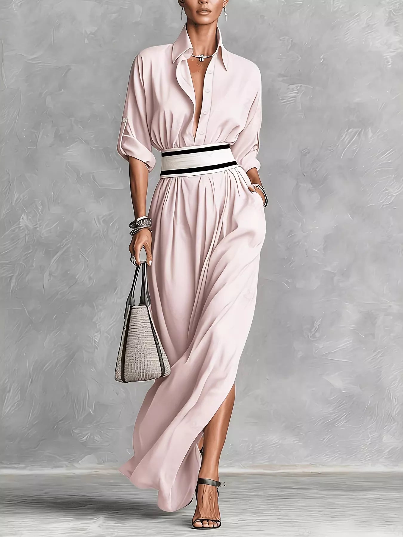 Trendsi Slit Roll-Up Sleeve Maxi Dress -