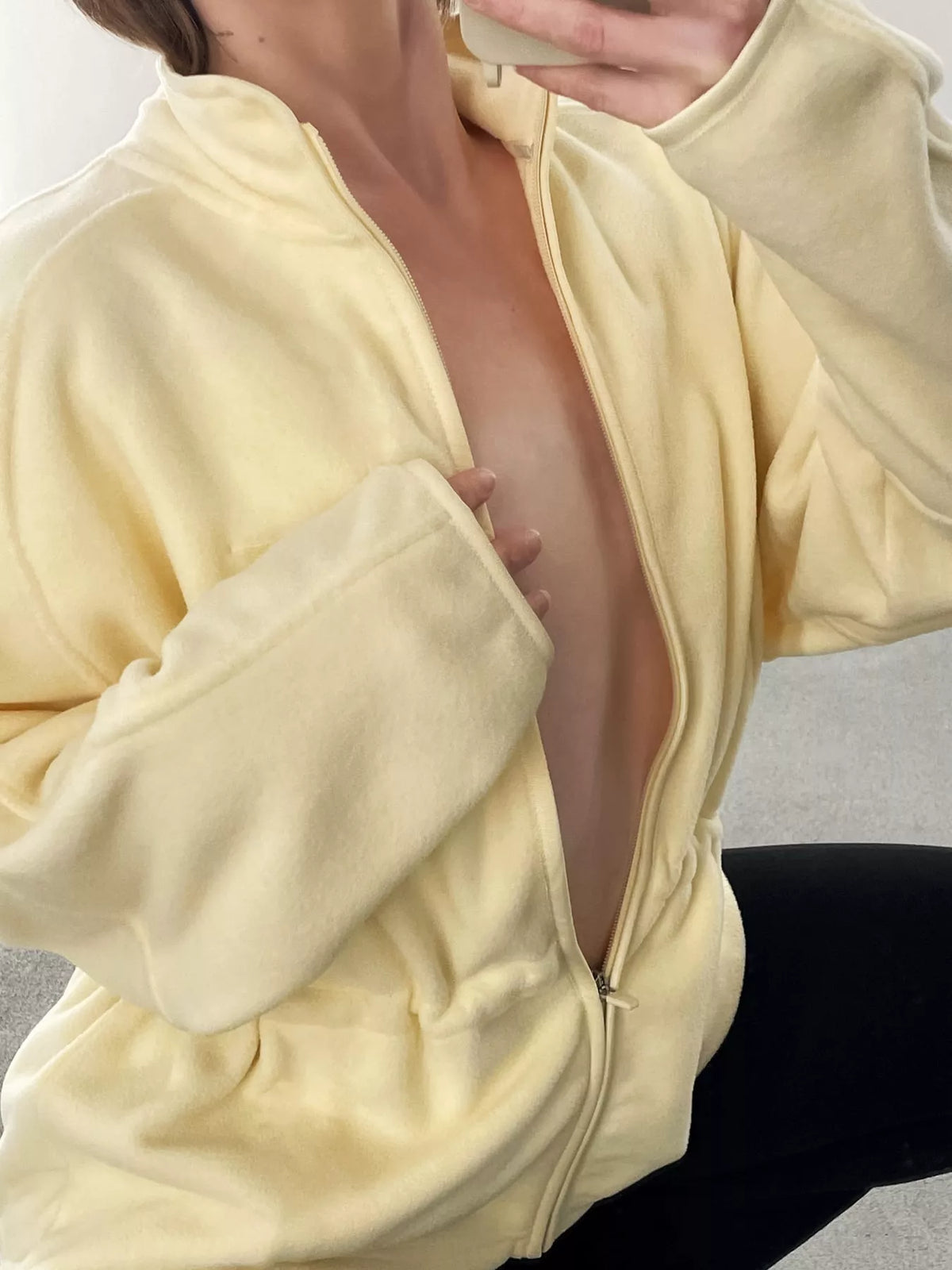 Yellow drawstring fleece zip-up jacket