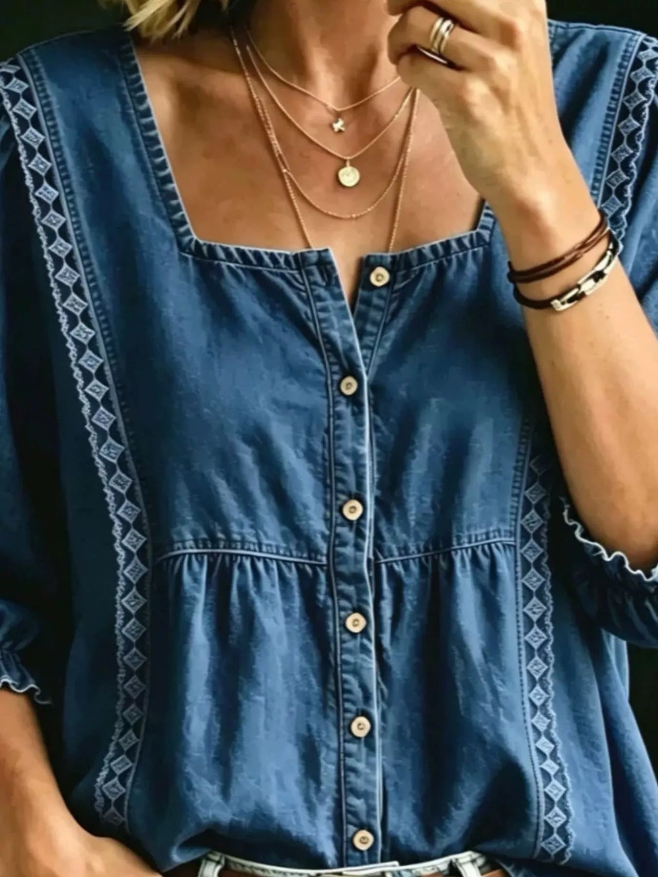 Trendsi Full Size Square Neck Button-Down Denim Shirt Plus Size -