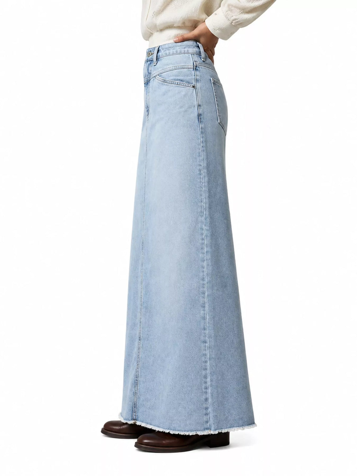 Raw Hem Maxi Denim Skirt — side view