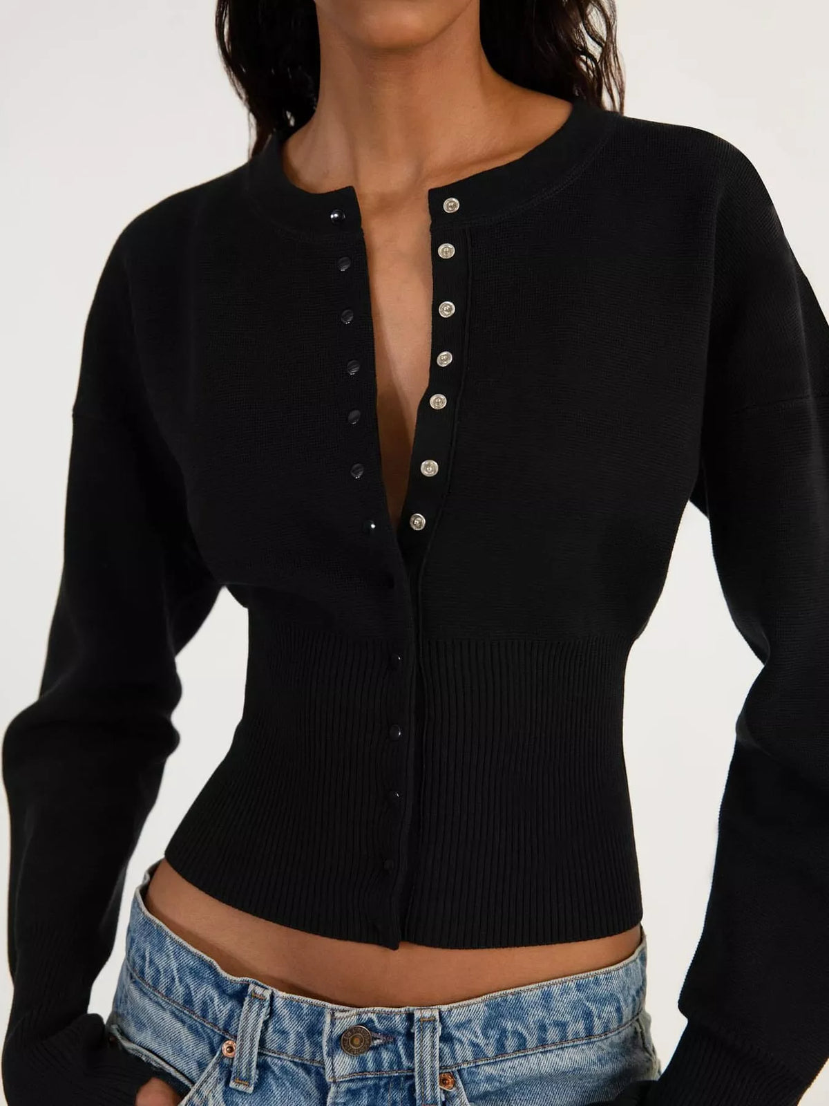 Black button up ribbed waist cardigan