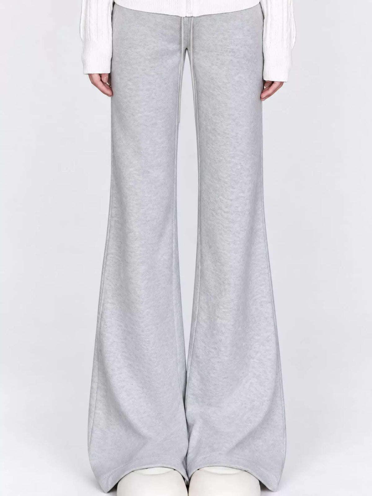Light gray high waisted wide leg drawstring pants, front view