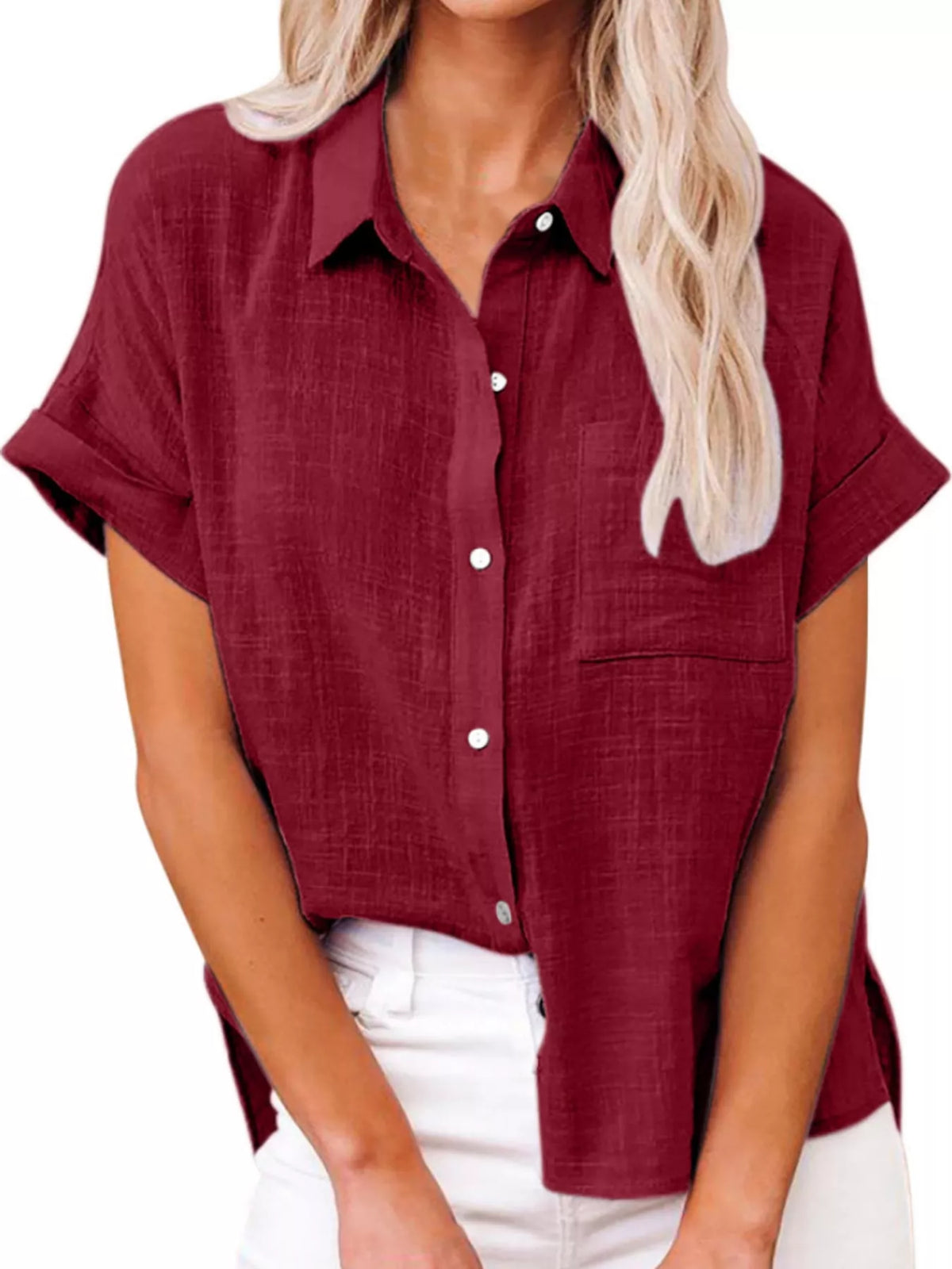 Women's Button Up Short Sleeve Shirt in burgundy — front view