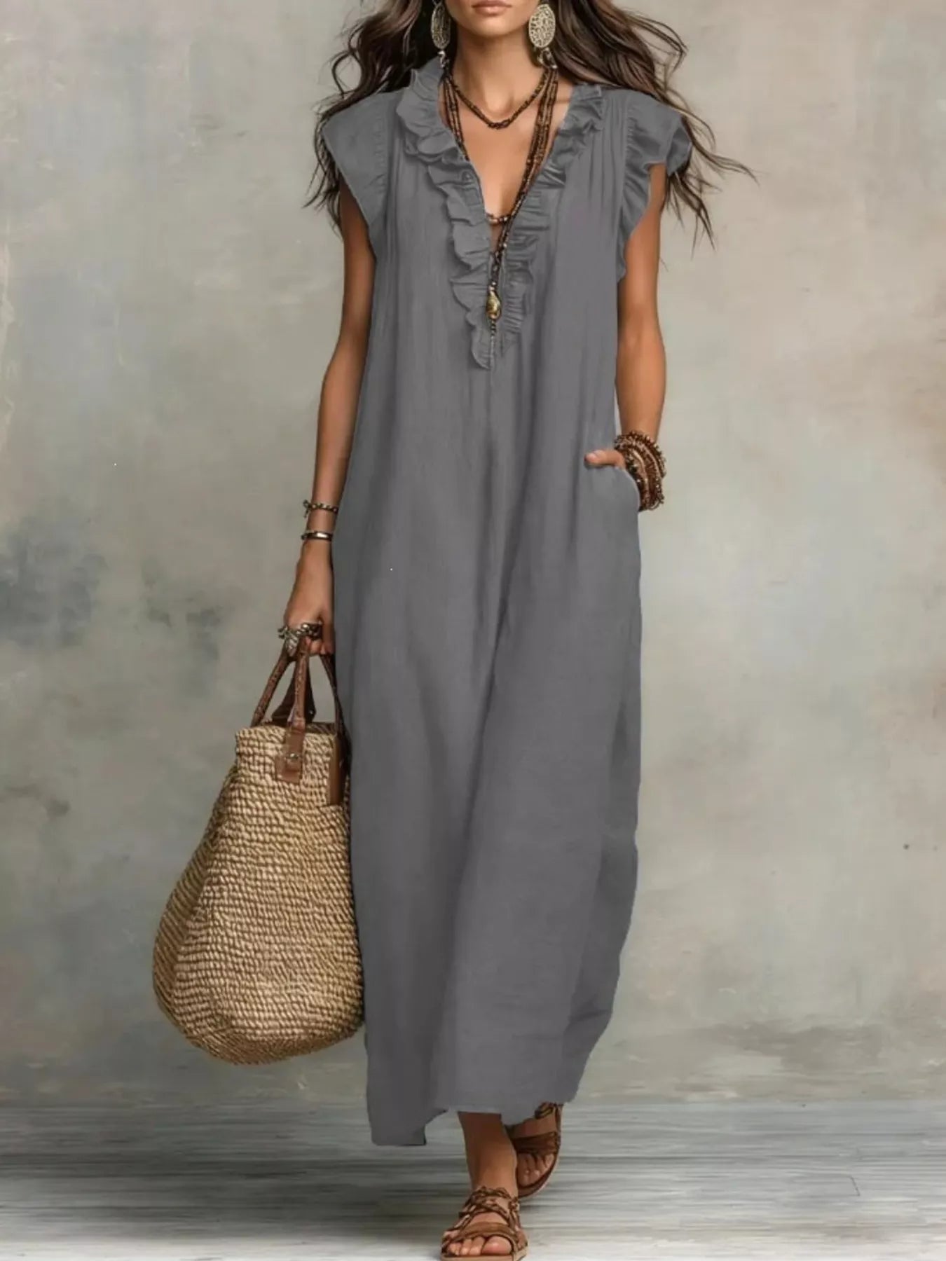 Trendsi Full Size Ruffled V-Neck Cap Sleeve Maxi Dress Plus Size -