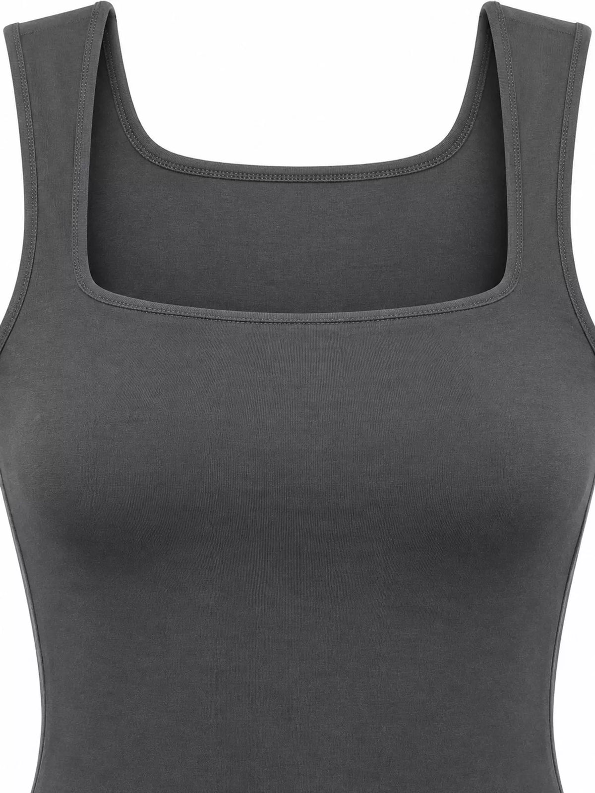 Dark gray square-neck tank, front product view
