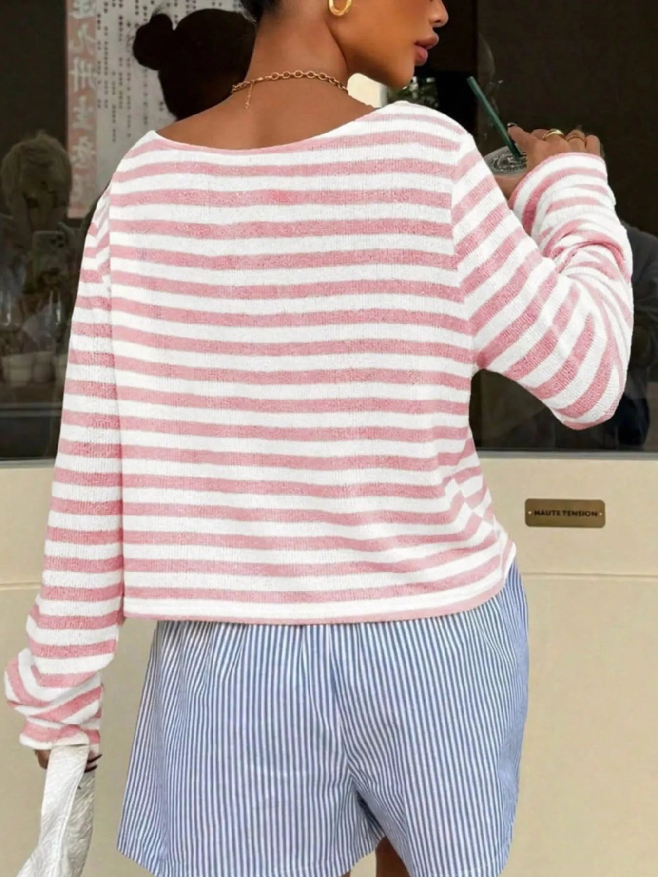 Trendsi Boat Neck Striped Long Sleeve T-Shirt -