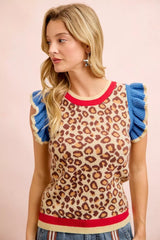 Trendsi BiBi 4th Of July Leopard Ruffled Detail Knit Top -