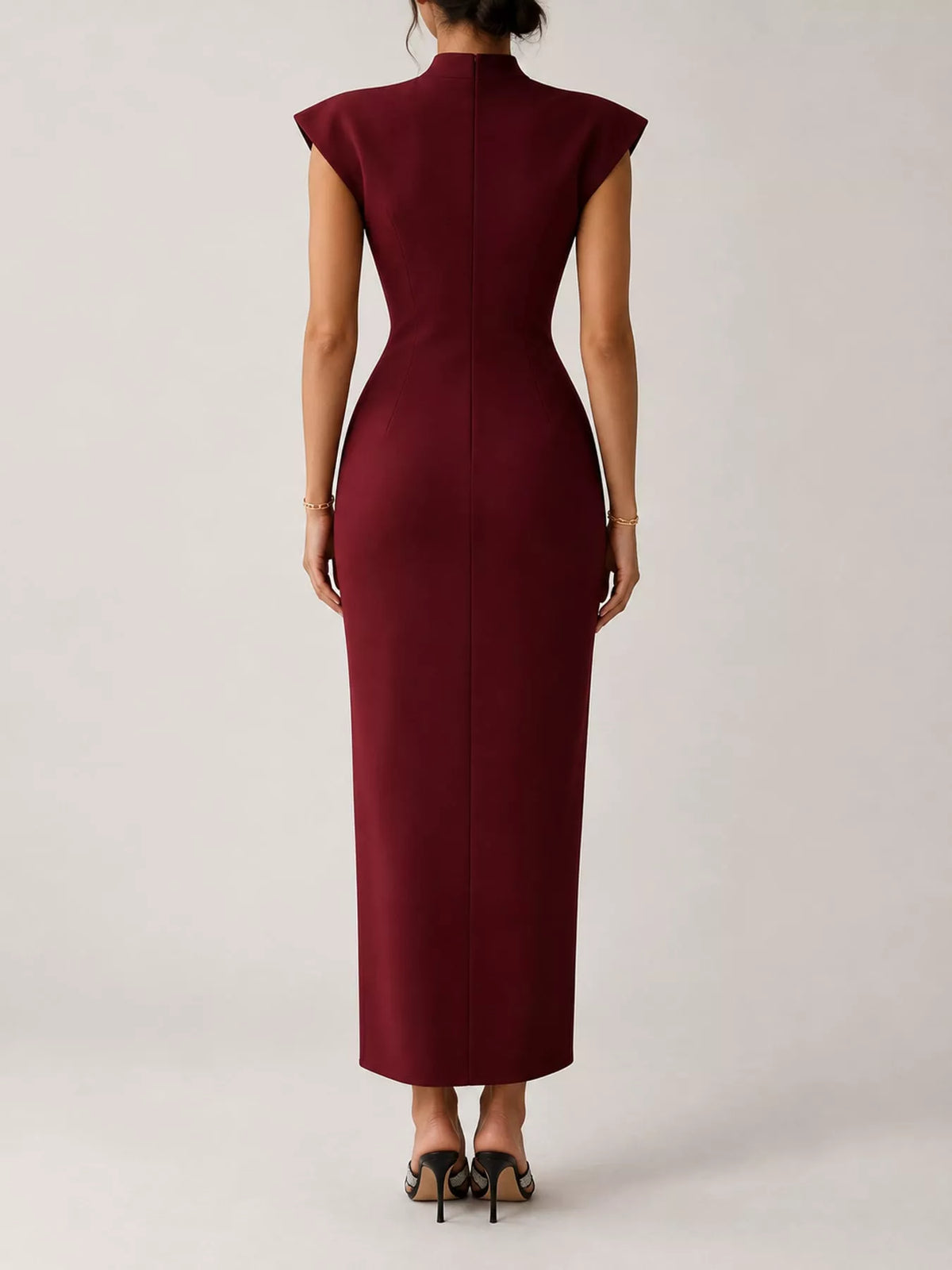 Women's Slit Sleeveless Bodycon Midi Dress in burgundy — back view