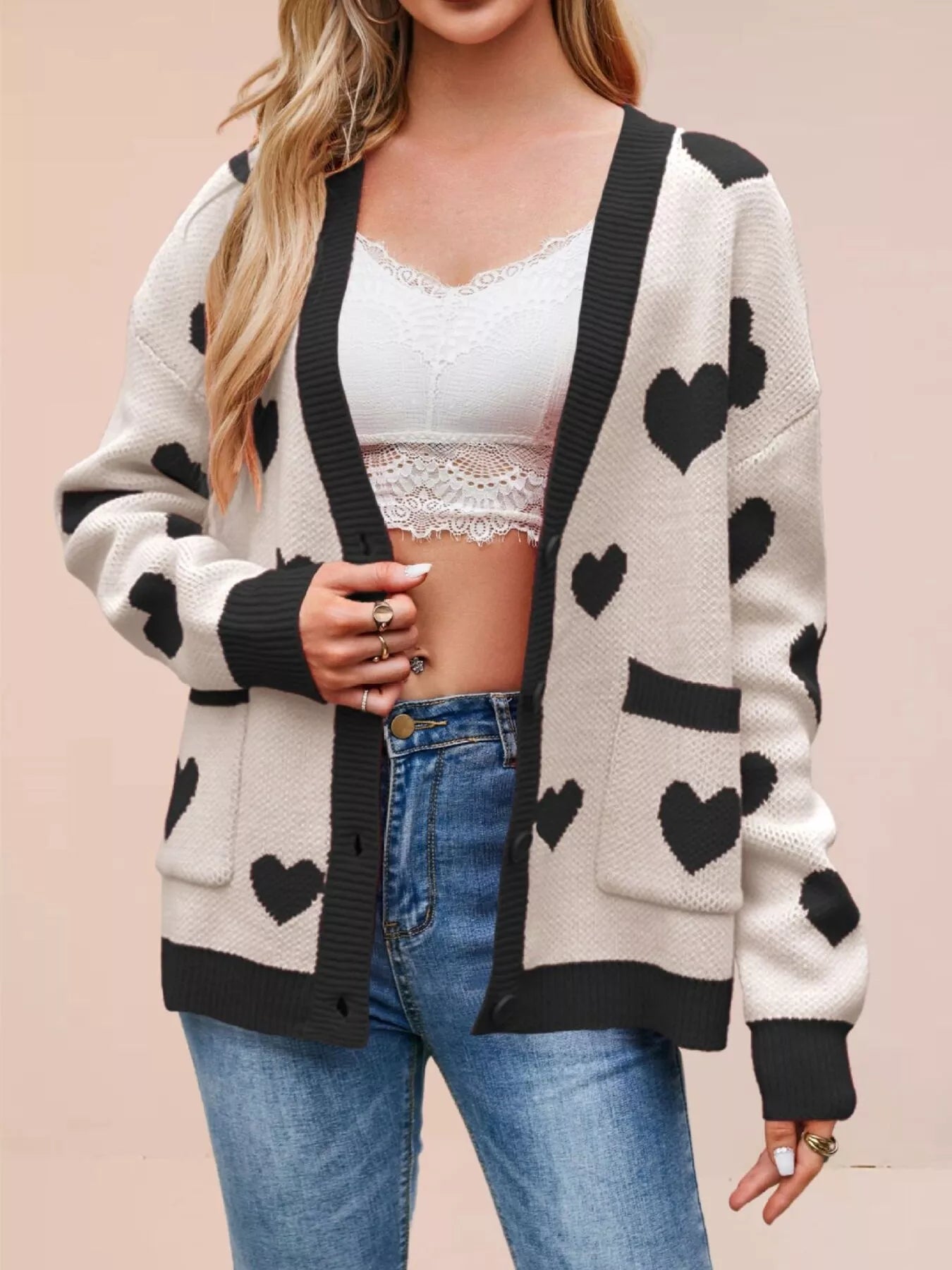 Trendsi Heart Pattern V-Neck Button-Down Knit Cardigan -