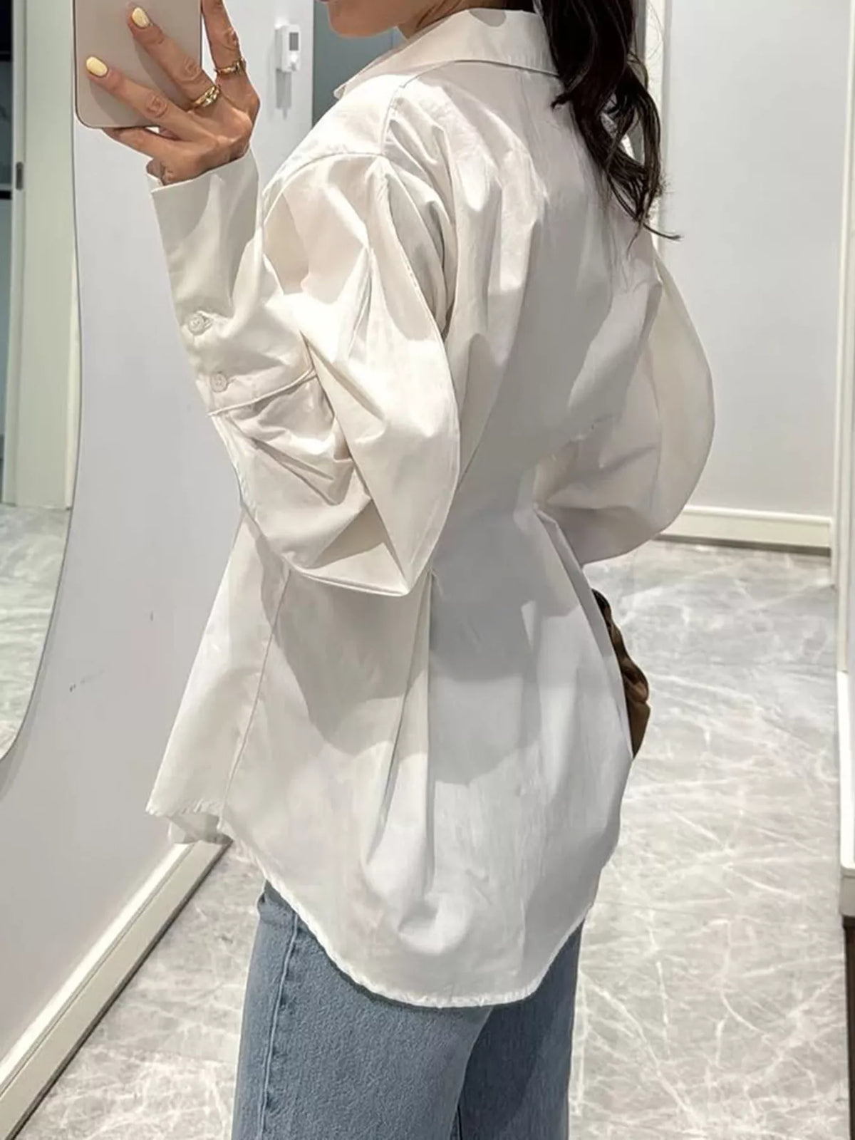 Button-Down Lantern Sleeve Shirt in white, back view