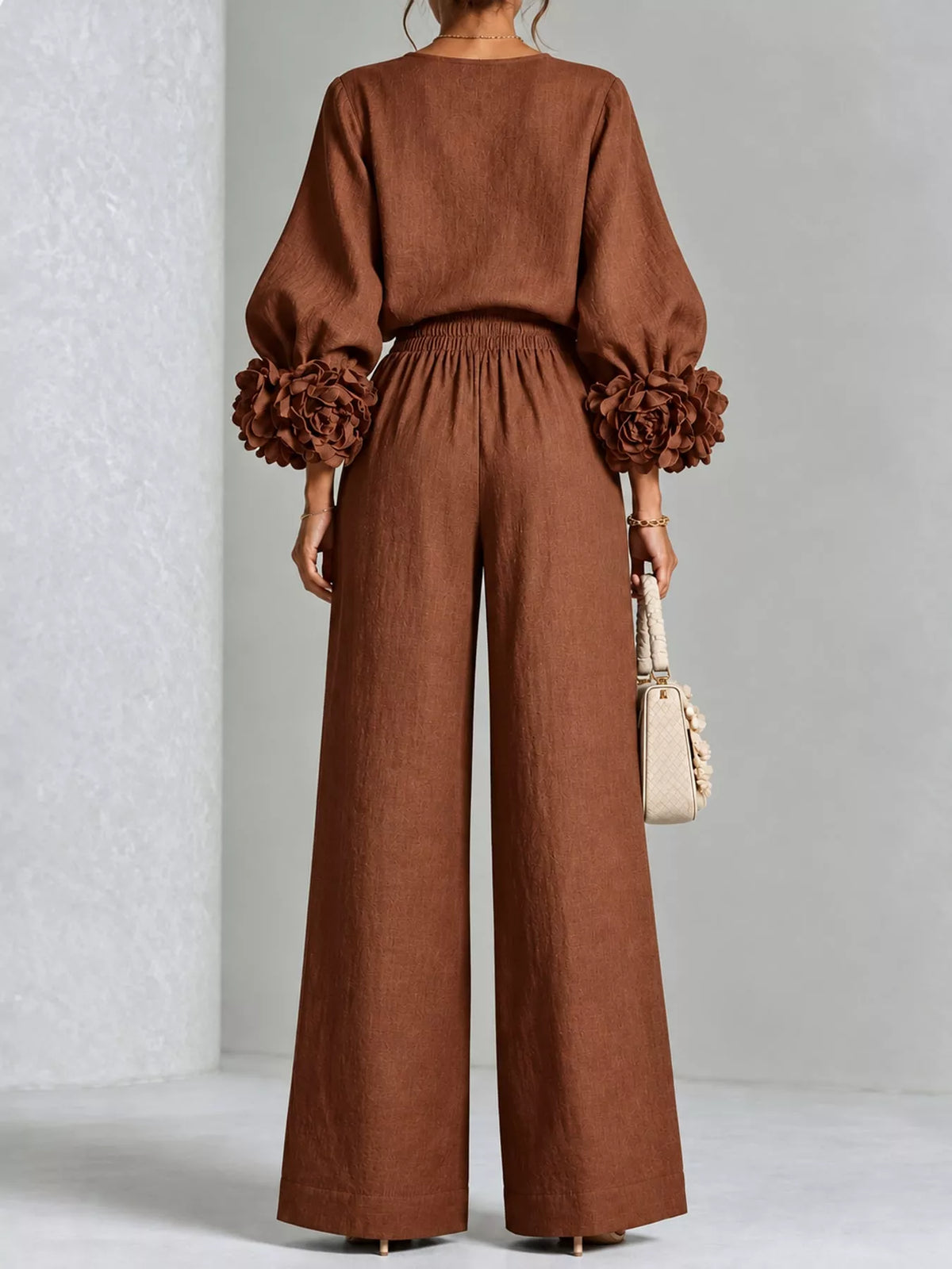 Floral Sleeve Embellishments Top and Pants Set — back view