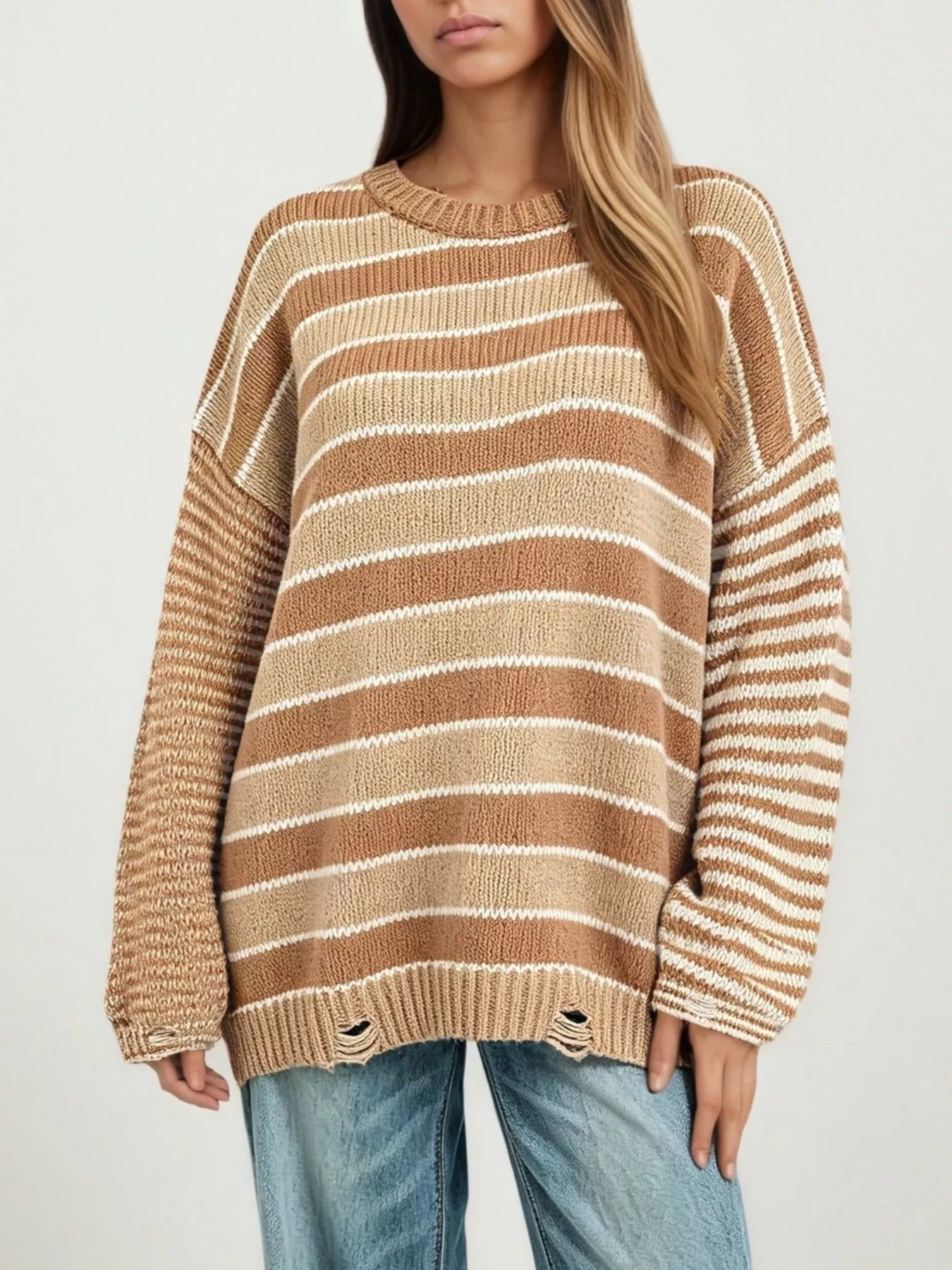 Trendsi Oversized Striped Distressed Sweater -