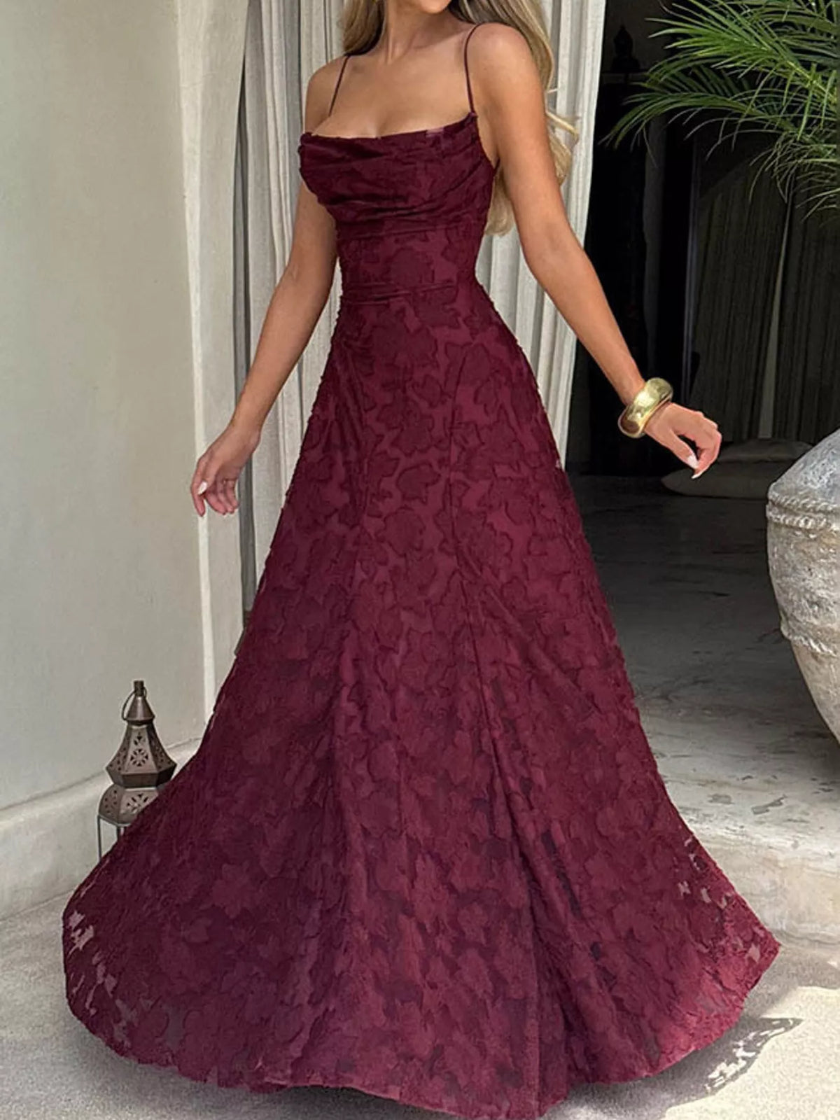 Burgundy backless lace maxi dress, front view