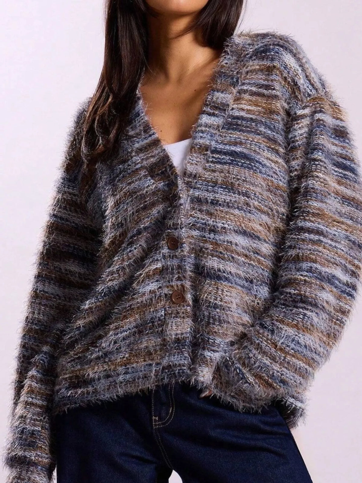 Fuzzy Knit V-Neck Button-Down Cardigan — front view