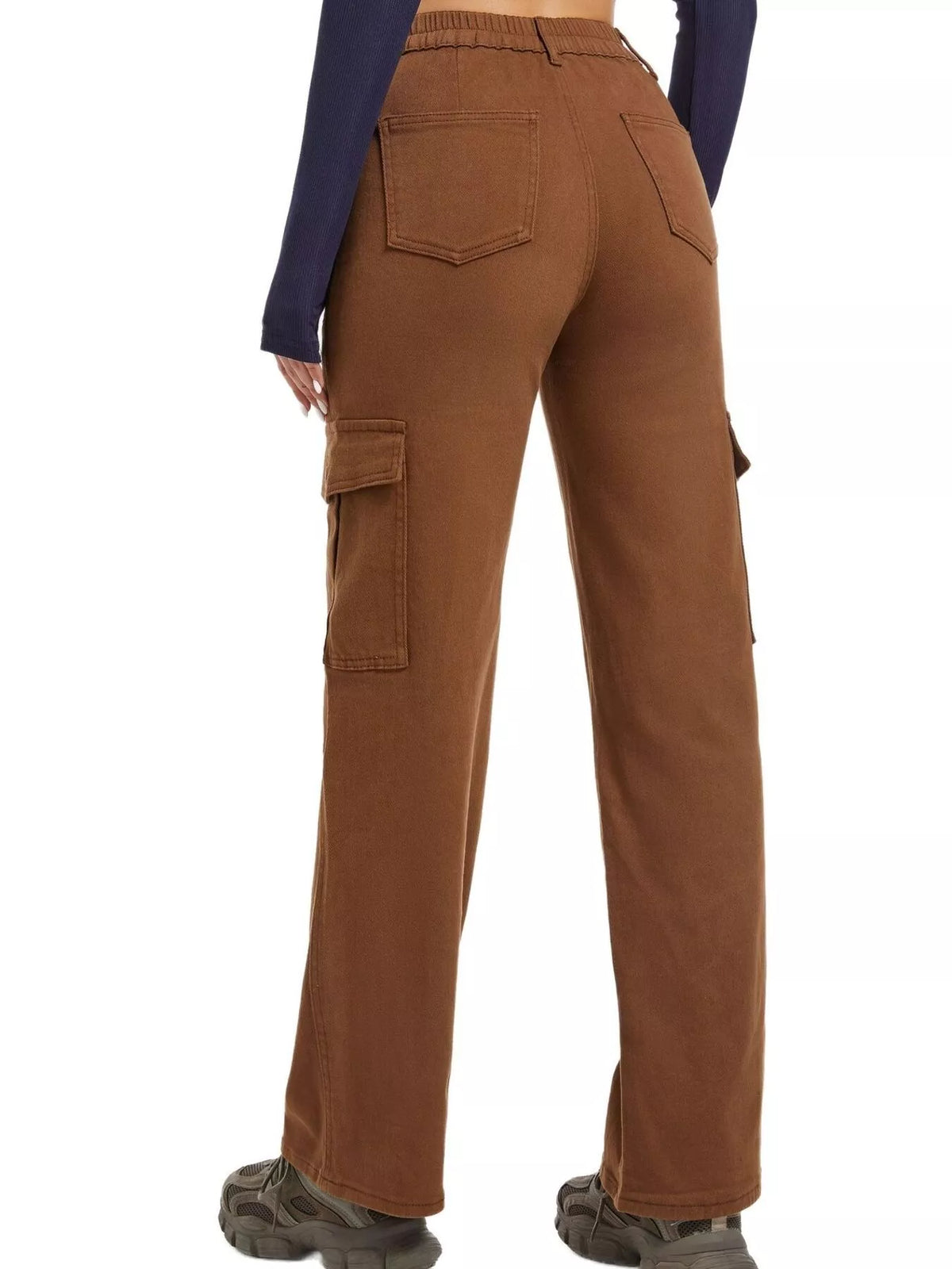 Brown wide-leg cargo jeans, back view