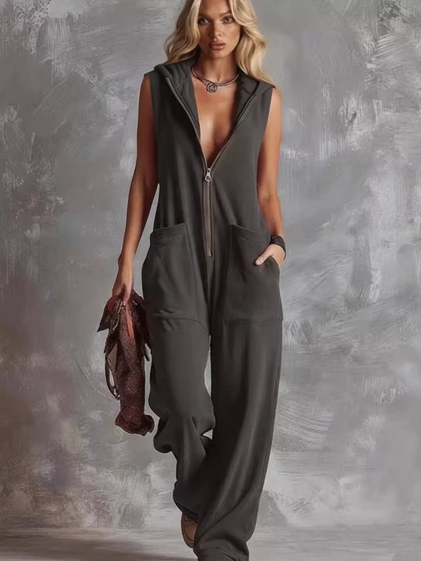 Trendsi Sleeveless Hooded Zip-Front Casual Jumpsuit -