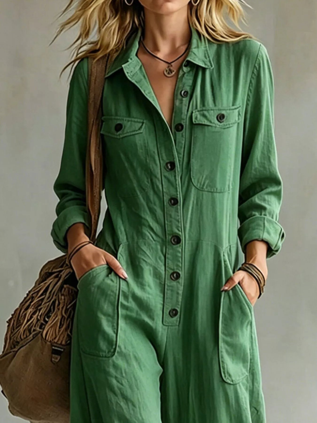 Trendsi Full Size Long Sleeve Button Front Jumpsuit Plus Size -