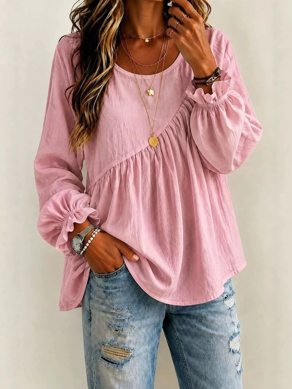 Trendsi Long Sleeve Blouse with Asymmetric Pleated Detail -