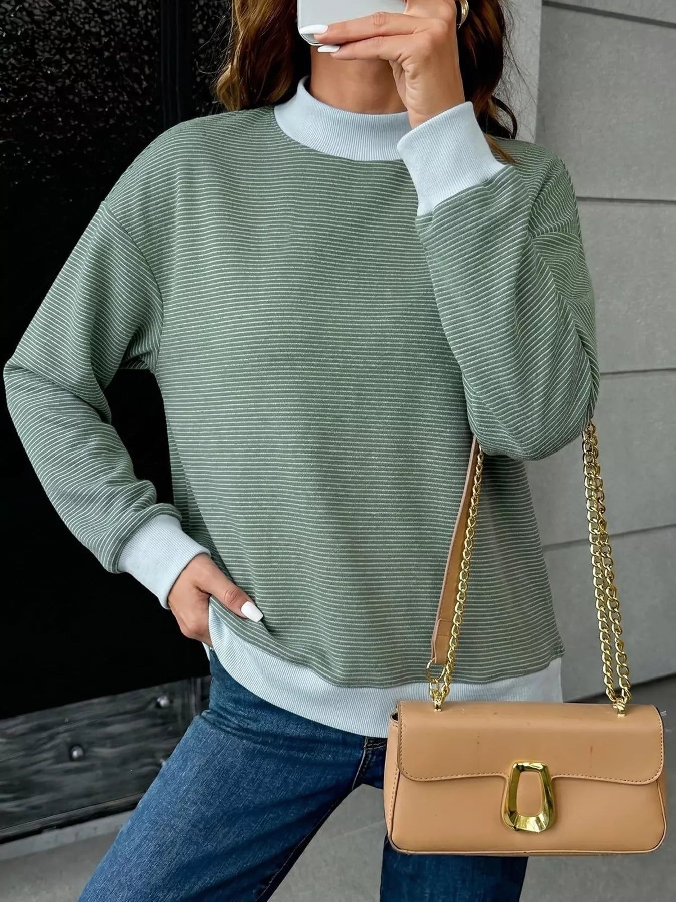 Trendsi Casual Mock Neck Striped Long Sleeve T-Shirt -