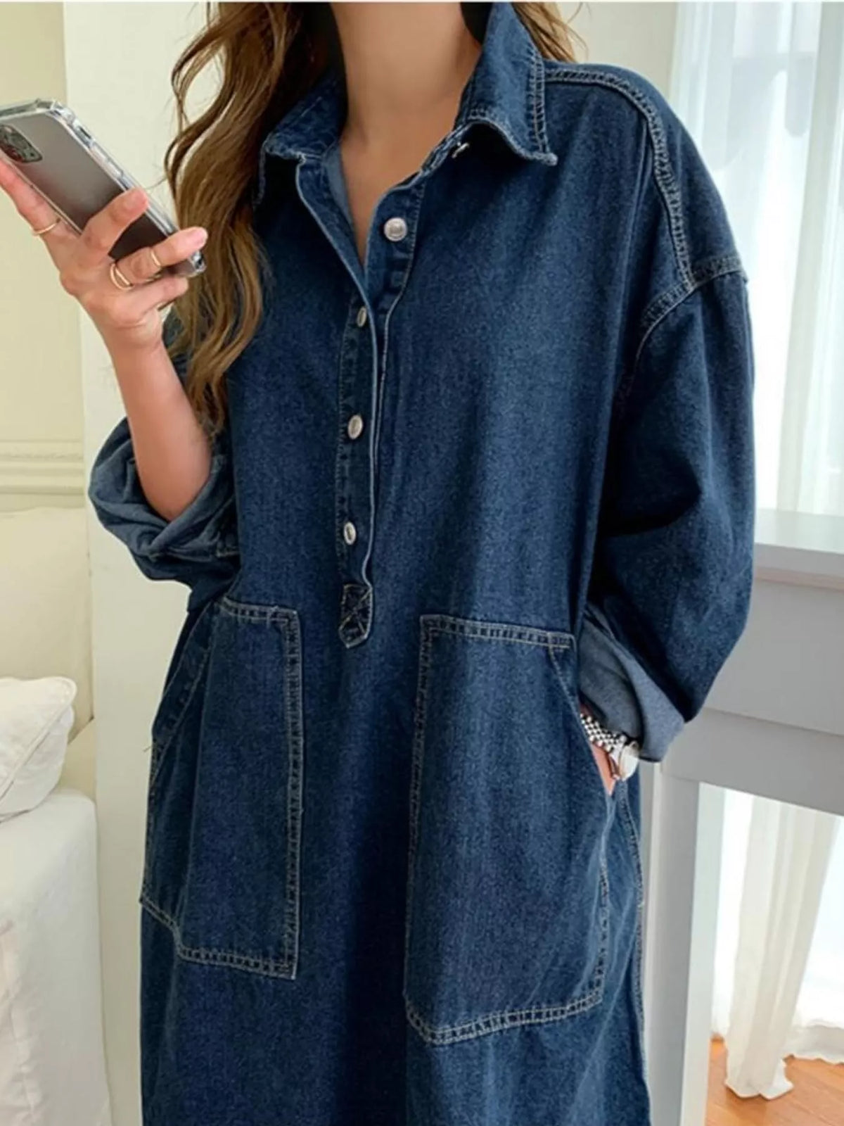 Blue button front denim shirt dress, front view