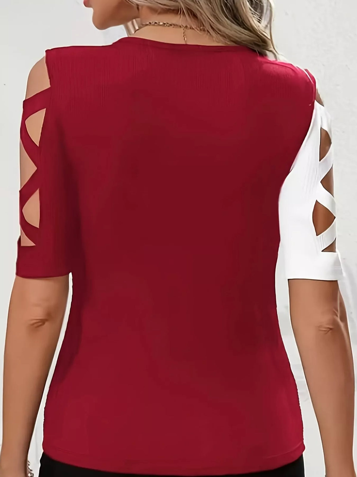 Colorblock cutout top, red and white back