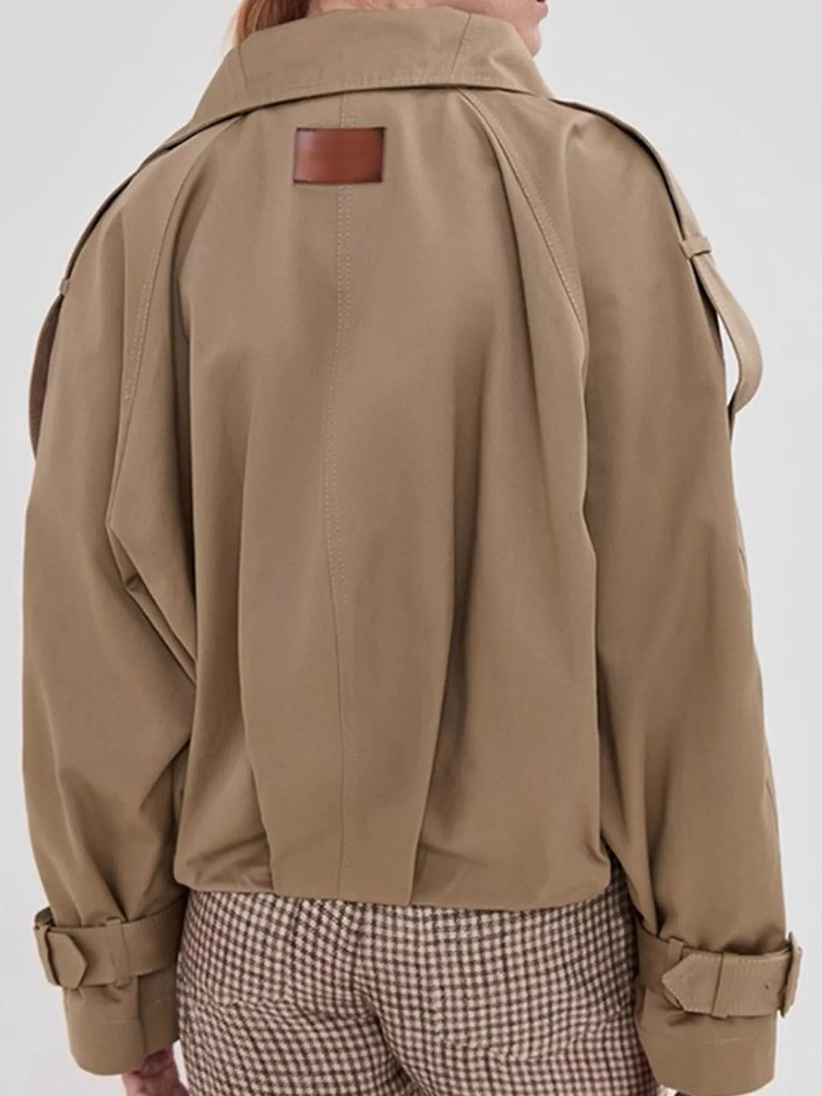 Women's Double-Breasted Cropped Trench Jacket in camel — back view