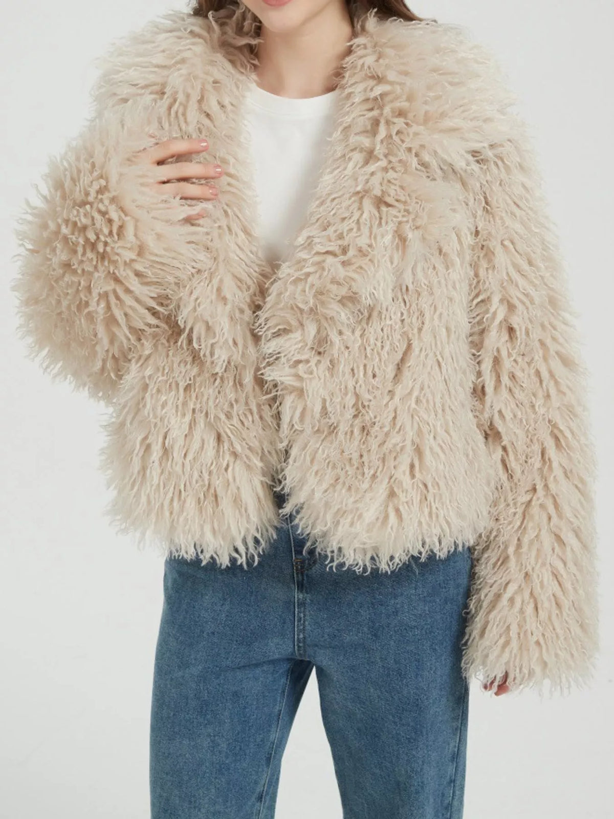 Collared long sleeve jacket, front view on model