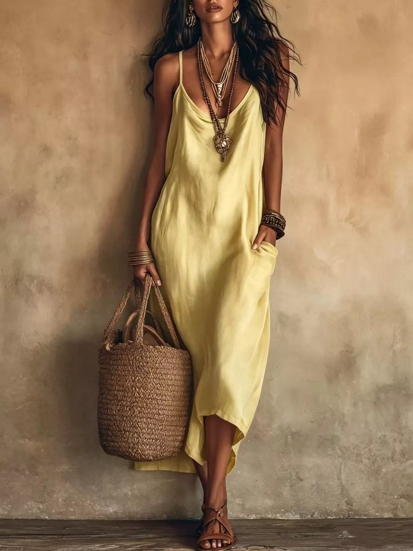Trendsi Full Size Spaghetti Strap Midi Dress with Pockets Plus Size -