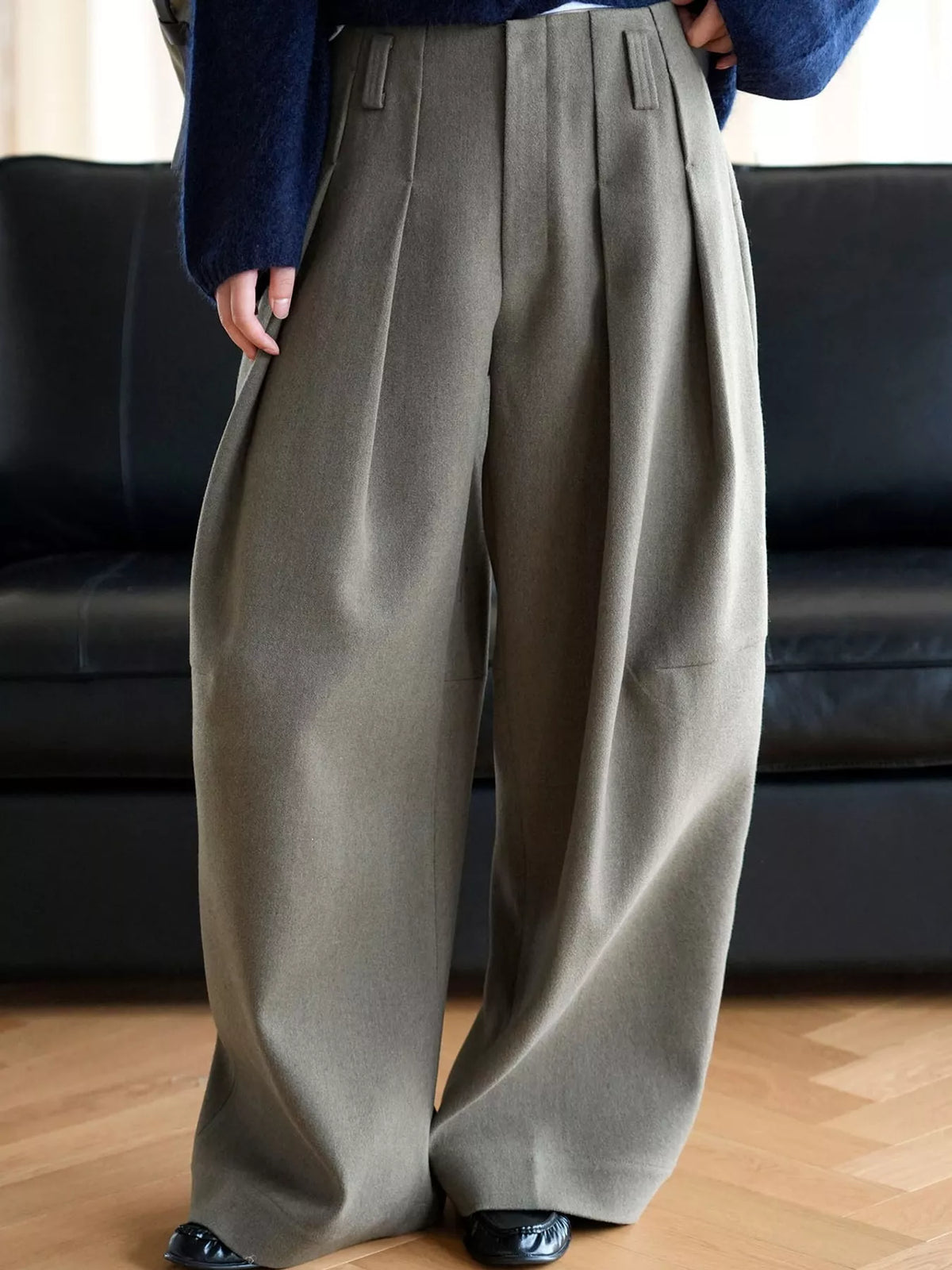 Pleated Wide-Leg Pants in gray-green, front view