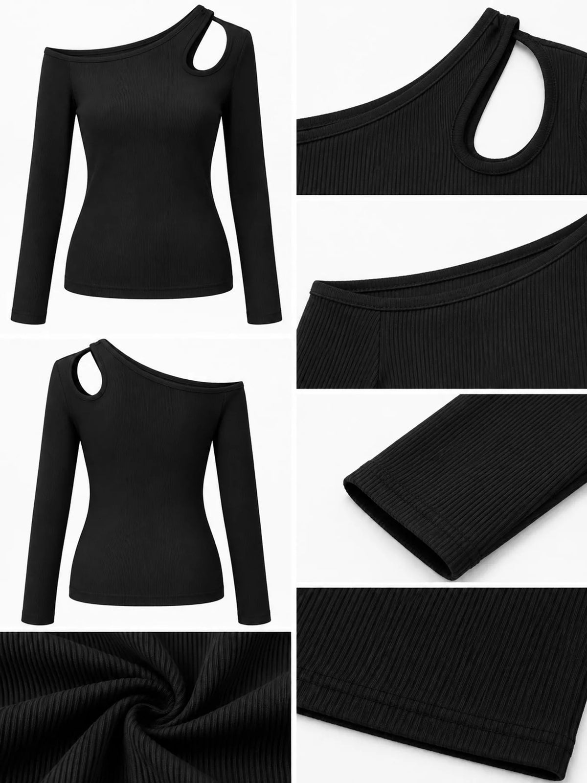 One-shoulder top, black detail collage