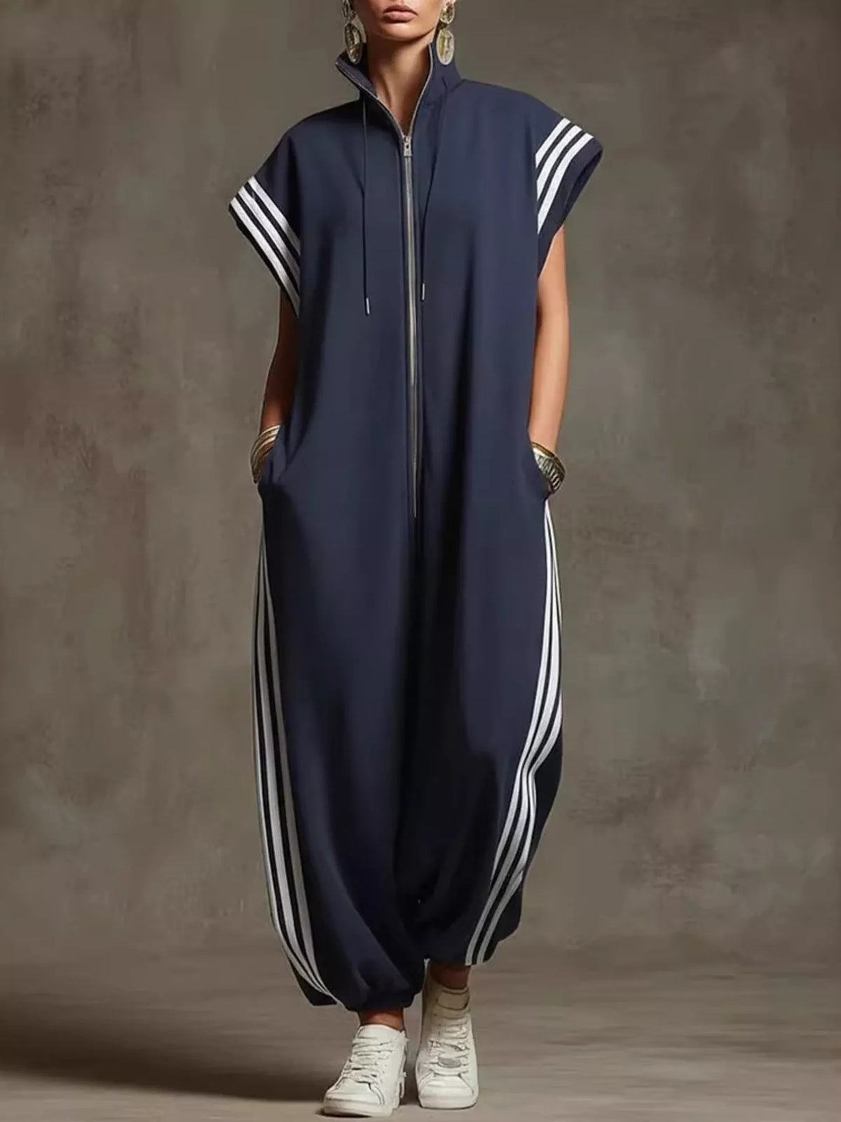 Trendsi Full Size Side Stripe Zip-Front Wide Leg Jumpsuit Plus Size -