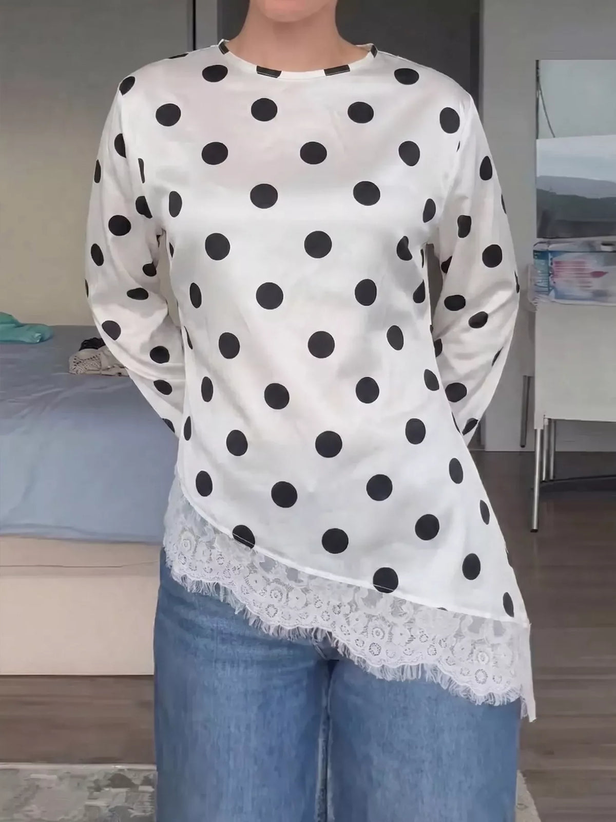 Trendsi Polka Dot Satin Top with Lace Trim -