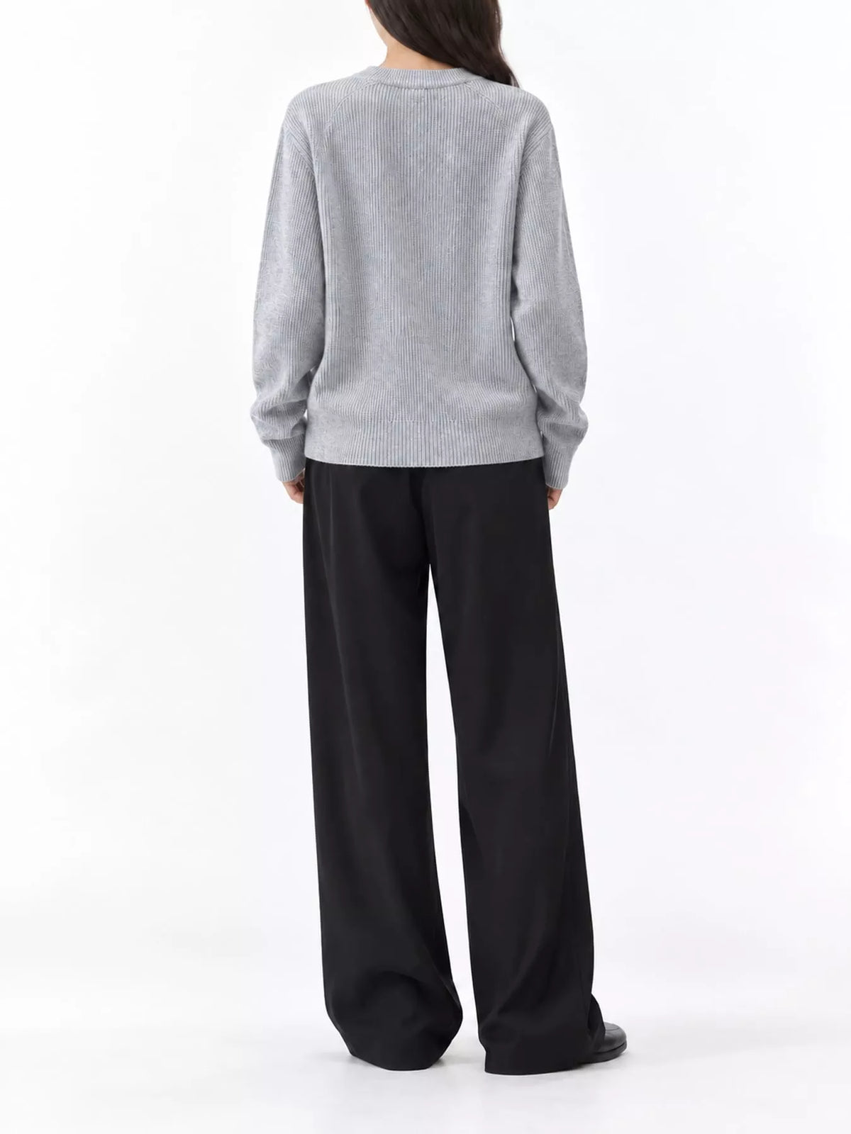 Light Gray ribbed knit asymmetrical button cardigan, back view