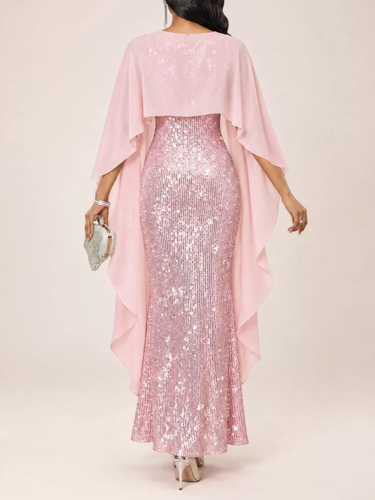 Women's Sequin Cape Overlay Evening Dress in pink — back view