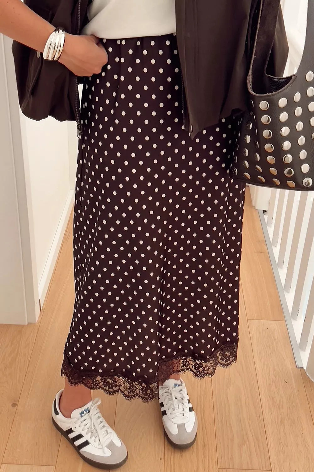Trendsi Polka Dot Lace Hem Elegant Long Shift Skirt -