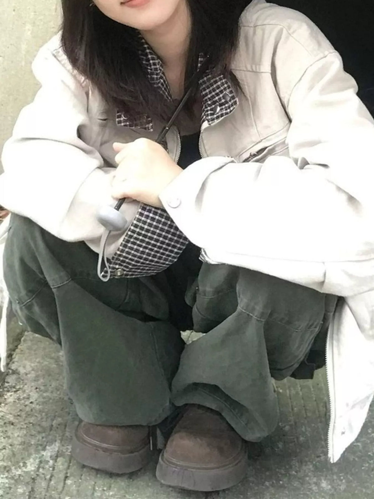 Cream contrast plaid cuffs zip-up jacket — front view