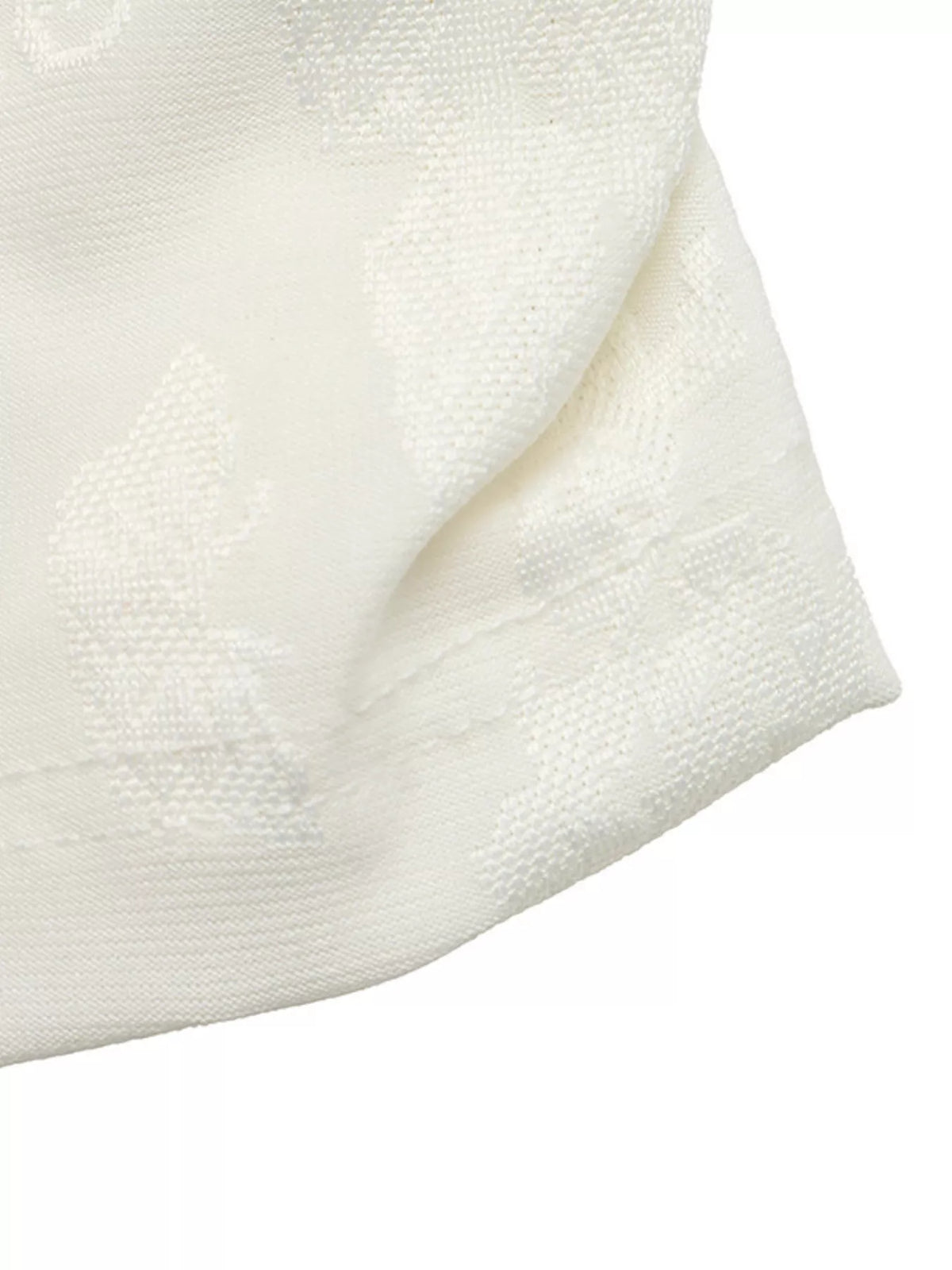 Ivory floral jacquard top with Mandarin collar and loop-button neckline, hem detail
