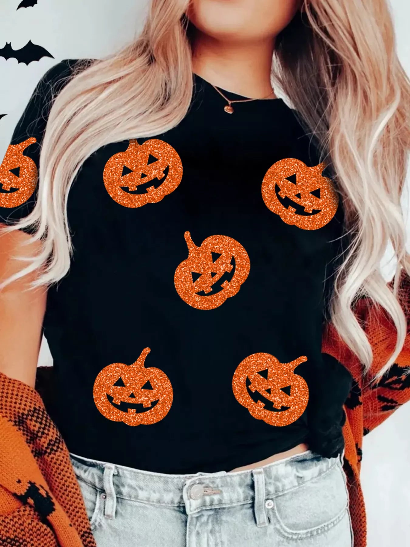 Trendsi Glittering Pumpkin Face Crewneck Halloween T Shirt -