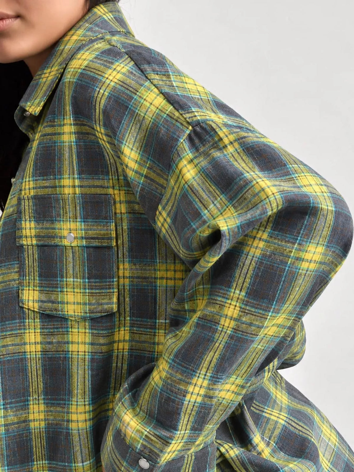 Dark Green plaid button up shirt, detail view