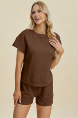 Trendsi Double Take Full Size Texture Short Sleeve Top and Shorts Set -
