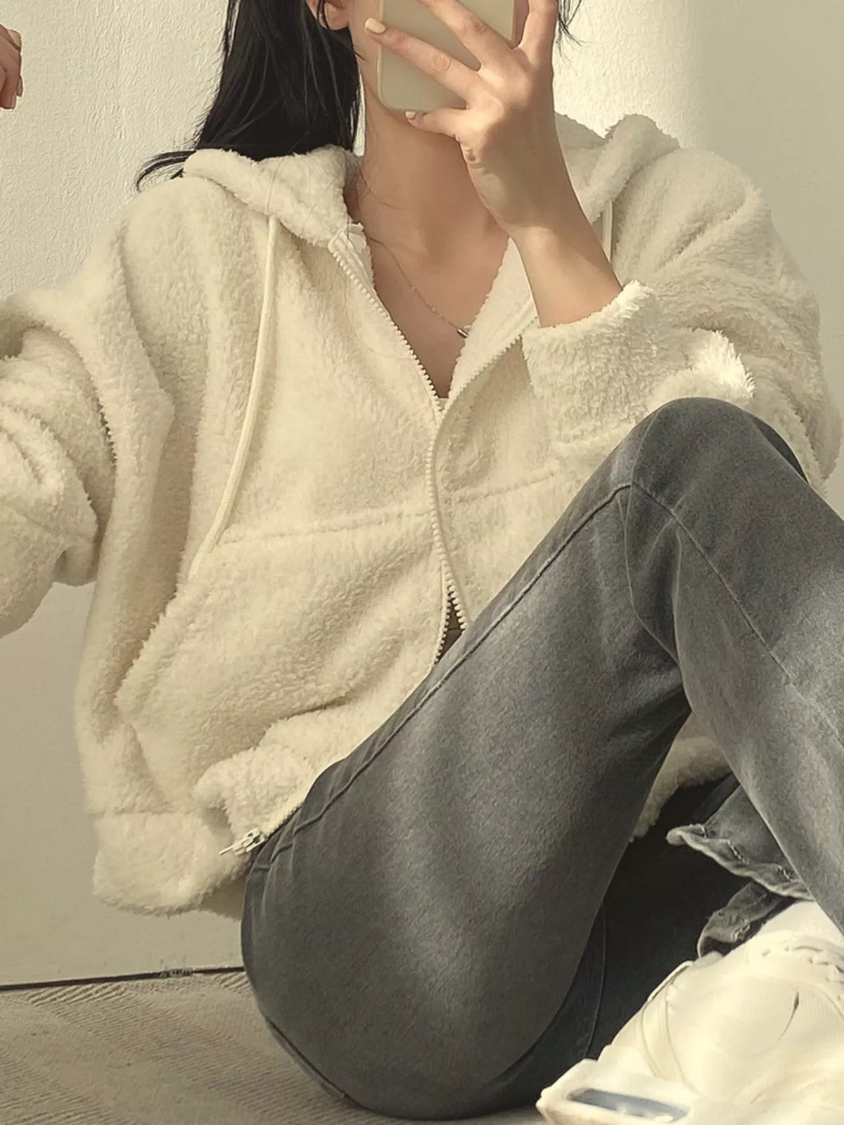 Cropped sherpa hoodie, cream seated view