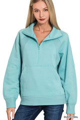Trendsi Zenana Half Zip Fleece Sweatshirt with kangaroo Pocket -