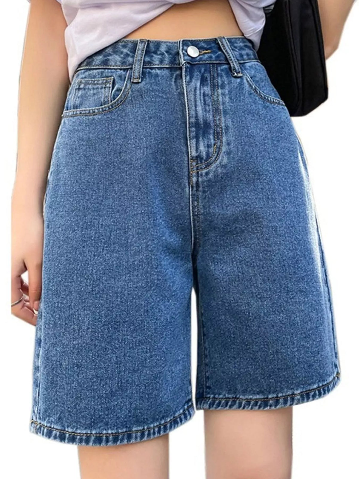 High-Waisted Loose Fit Denim Shorts in blue