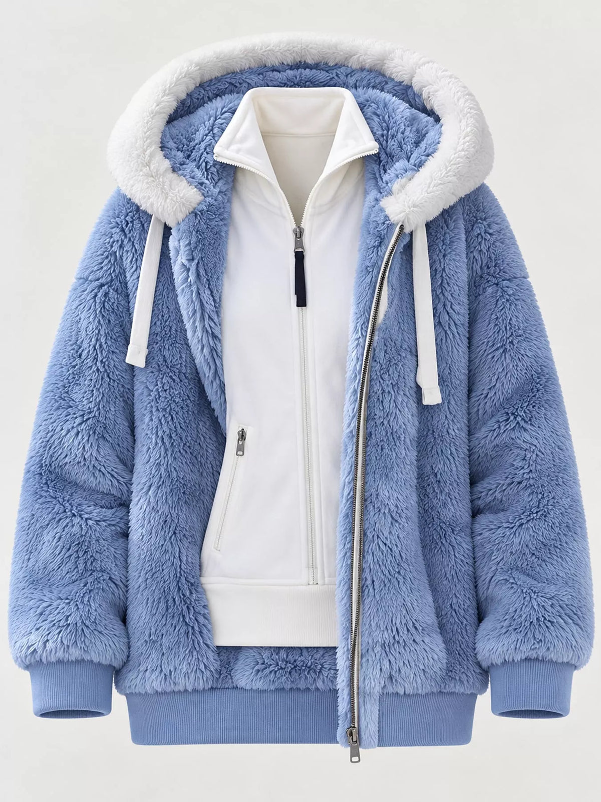 Light blue with white hood trim faux fur zip up hooded jacket, front view