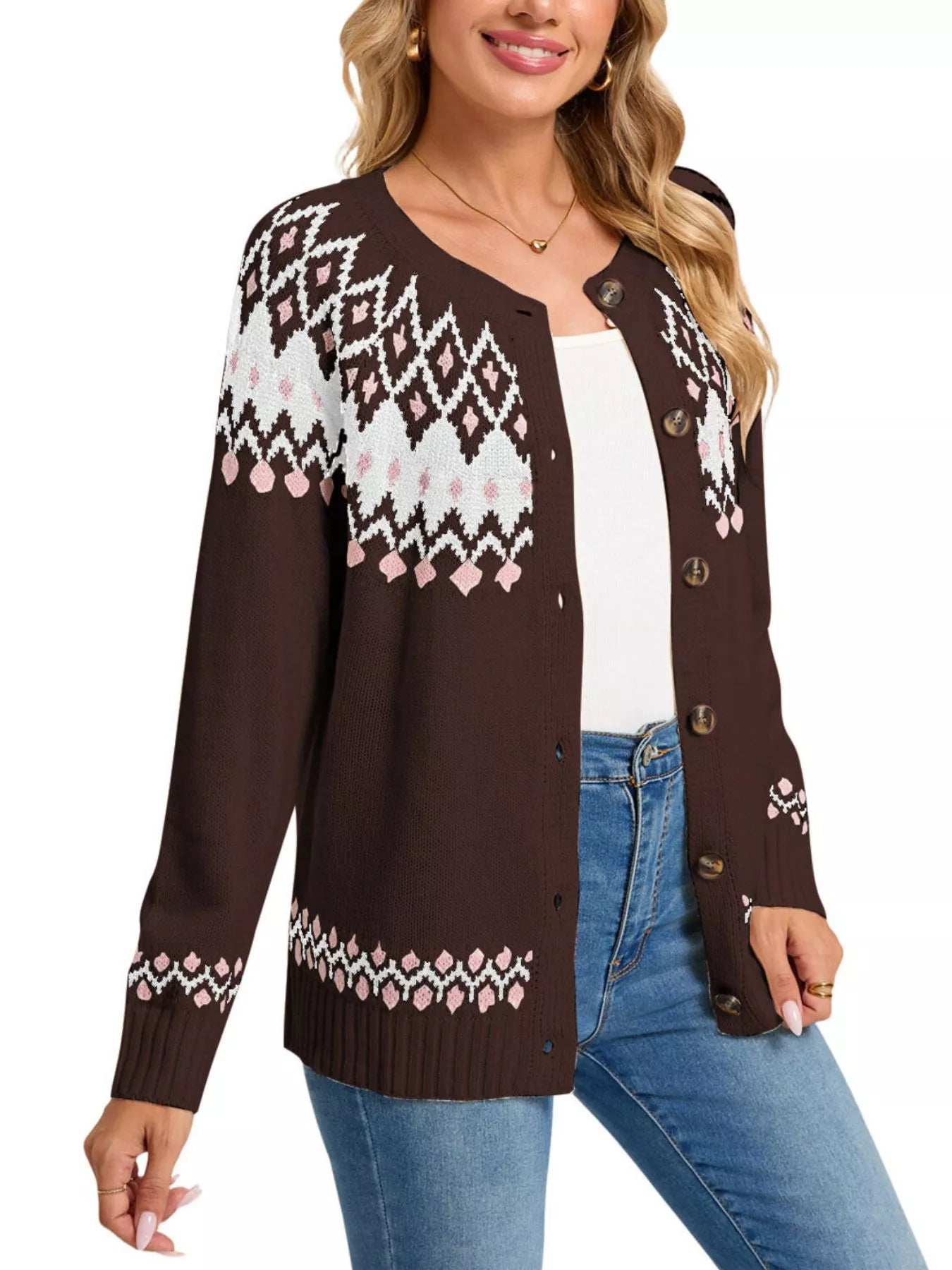 Trendsi Fair Isle Patterned Button-Down Knit Cardigan -