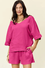Trendsi Double Take Texture Half Sleeve T-Shirt and Drawstring Shorts Set -