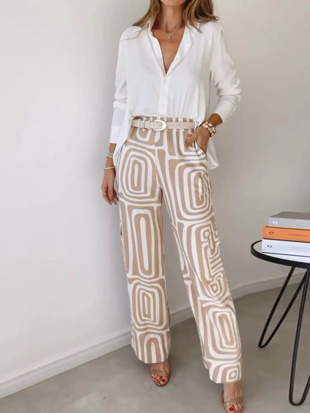 Shirt and geometric pants set, white shirt and beige geometric pants full front